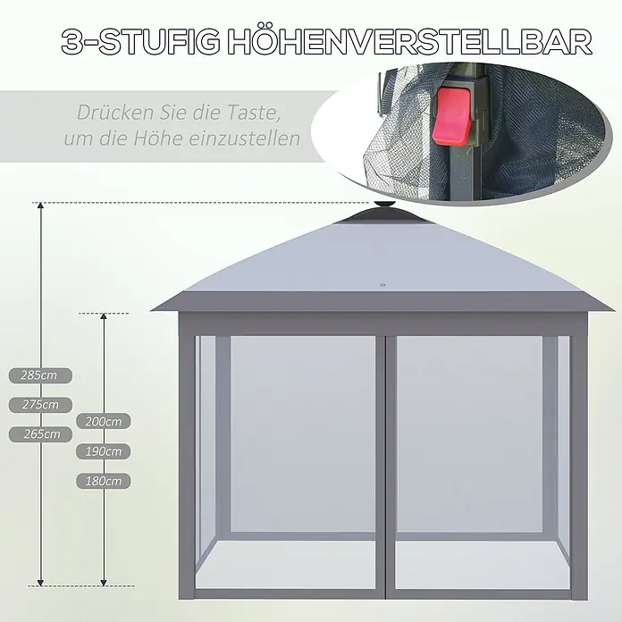 Outsunny Faltpavillon - B x T: 3,3 m x 330 cm, Farbe Dach: Grau - Grauer, 3-fach höhenverstellbarer Pavillon mit Maßangaben.