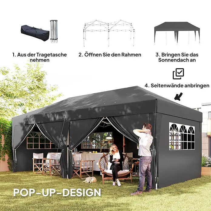 Outsunny Faltpavillon - Farbe Dach: Schwarz - Schwarzer Pop-up-Pavillon, Montageschritte gezeigt, mit Personen, die sich im Garten entspannen.