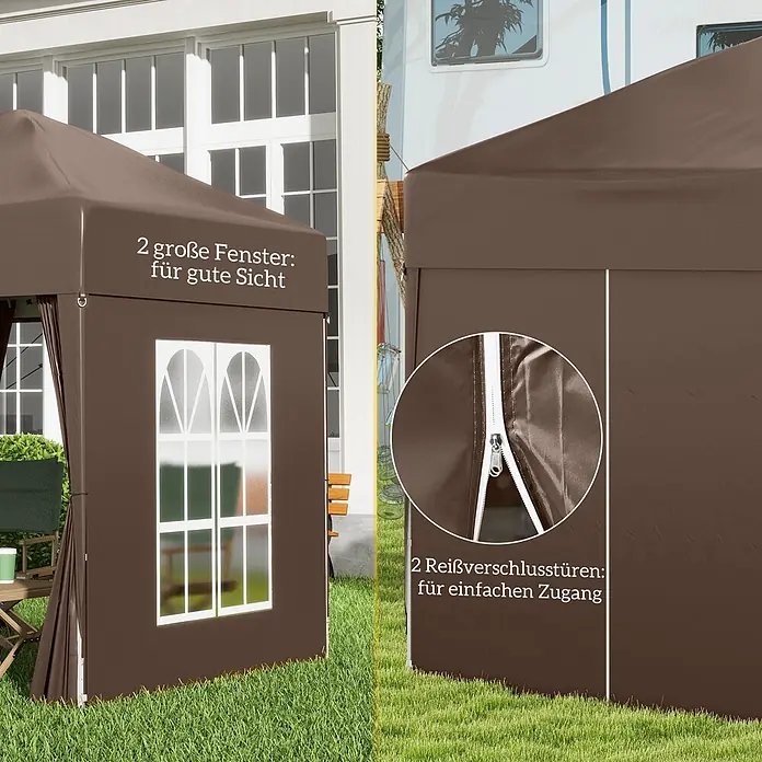 Outsunny Faltpavillon - B x T: 2 m x 200 cm, Farbe Dach: Braun - Brauner Pavillon mit zwei großen Fenstern für gute Sicht und zwei Reißverschluss-Türen für einfachen Zugang.