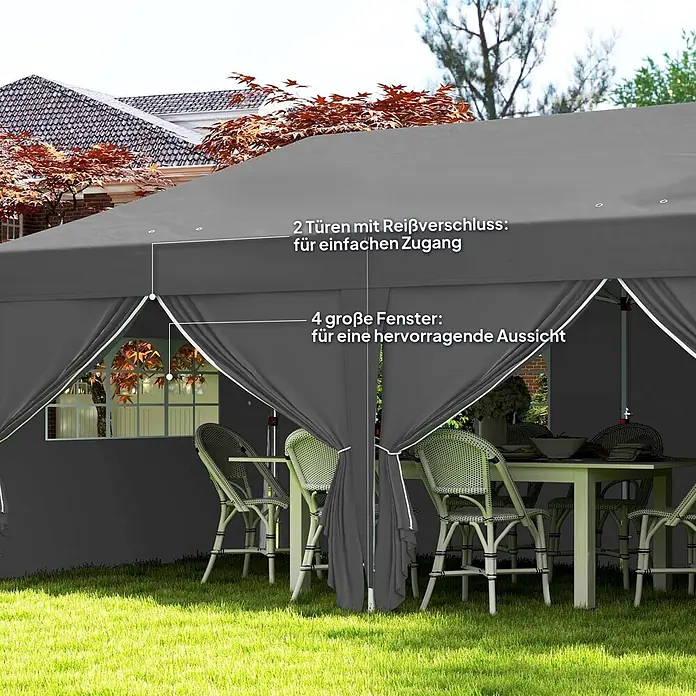 Outsunny Faltpavillon - Farbe Dach: Schwarz - Graues Partyzelt im Garten mit Reißverschlusstüren und großen Fenstern für einfachen Zugang und gute Aussicht.