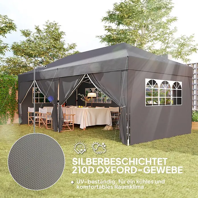 Outsunny Faltpavillon - Farbe Dach: Schwarz - Dunkelgraues Pavillon aus silberbeschichtetem 210D Oxford-Gewebe im Garten, UV-beständig für ein kühles Raumklima.