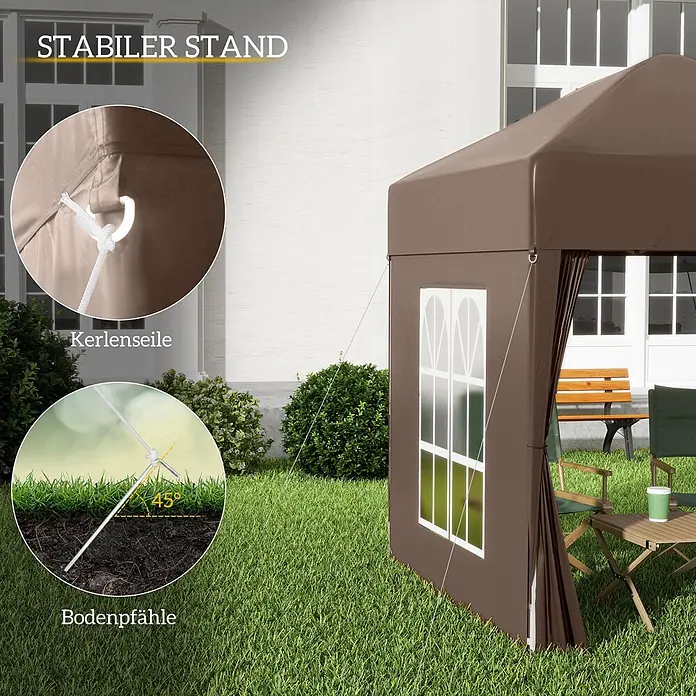Outsunny Faltpavillon - B x T: 2 m x 200 cm, Farbe Dach: Braun - Brauner Gartenpavillon mit Abspannseilen und 45-Grad-Erdnägeln für stabilen Außenbereich.