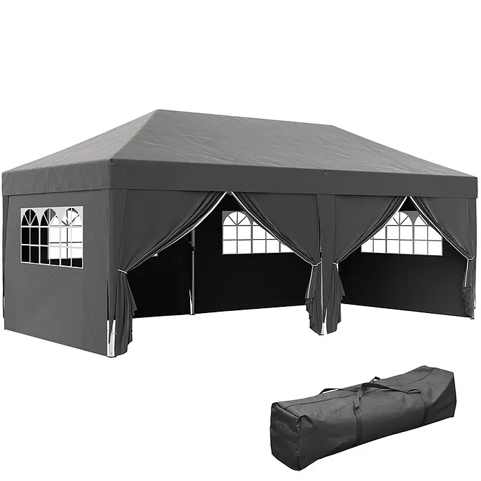 Outsunny Faltpavillon - Farbe Dach: Schwarz - Graues Partyzelt mit dekorativen Bogenfenstern und einer Tragetasche.