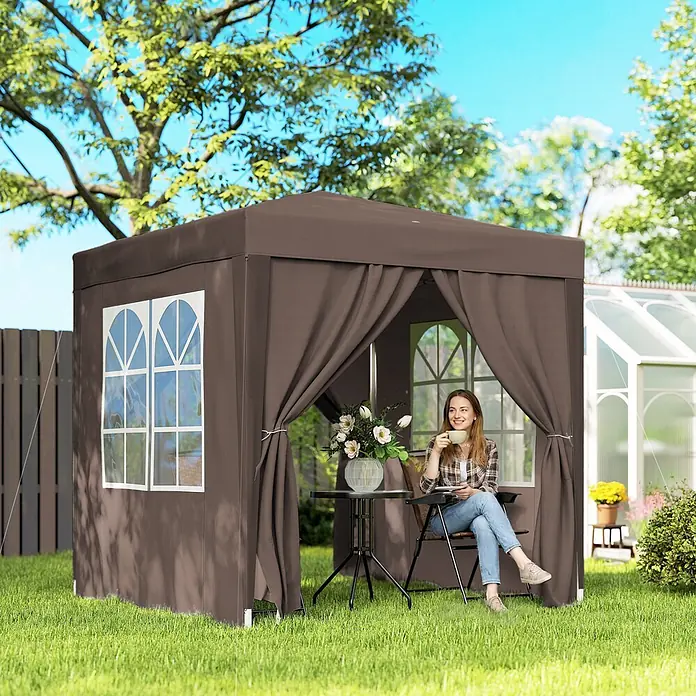 Outsunny Faltpavillon - B x T: 2 m x 200 cm, Farbe Dach: Braun - Brauner Outdoor-Pavillon mit Seitenwänden, Bogenfenstern und zurückgebundenem Eingang, zur Entspannung im Garten.