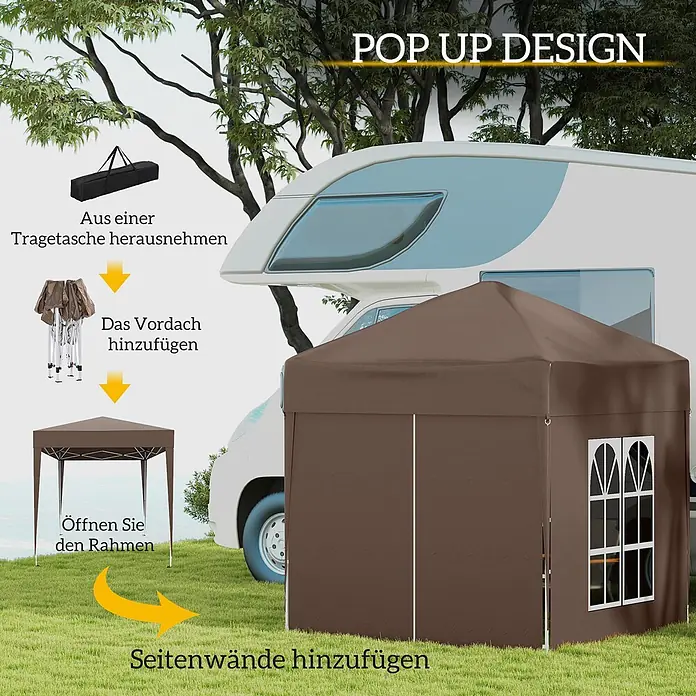 Outsunny Faltpavillon - B x T: 2 m x 200 cm, Farbe Dach: Braun - Braunes Pop-up-Pavillon mit Seitenwänden, aufgebaut neben einem Wohnmobil.