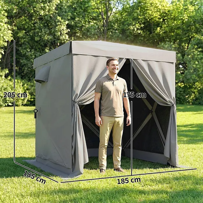 Outsunny Faltpavillon - Farbe Dach: Dunkelgrau - Graues Pop-Up-Pavillon (205x185x185 cm) mit einem 175 cm großen Mann darin, der seine Geräumigkeit im Freien zeigt.