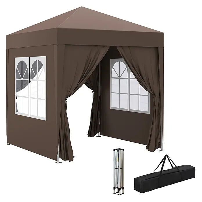 Outsunny Faltpavillon - B x T: 2 m x 200 cm, Farbe Dach: Braun - Braunes Pop-up-Pavillon mit weißen Bogenfenstern und offenem Eingang, dazu zusammengeklapptes Metallgestell und schwarze Tragetasche.