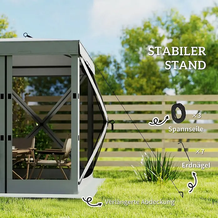 Outsunny Faltpavillon - Farbe Dach: Dunkelgrau - Ein hellgrauer Gartenpavillon mit verlängerter Abdeckung, Spannseilen und Erdnägeln für stabilen Stand im Freien.