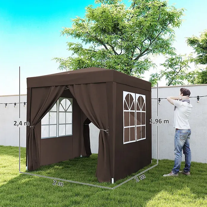 Outsunny Faltpavillon - B x T: 2 m x 200 cm, Farbe Dach: Braun - Brauner Gartenpavillon mit 2x2m Grundfläche, 2,4m Gesamthöhe und 1,96m Eingangshöhe, mit einer Person als Größenvergleich.