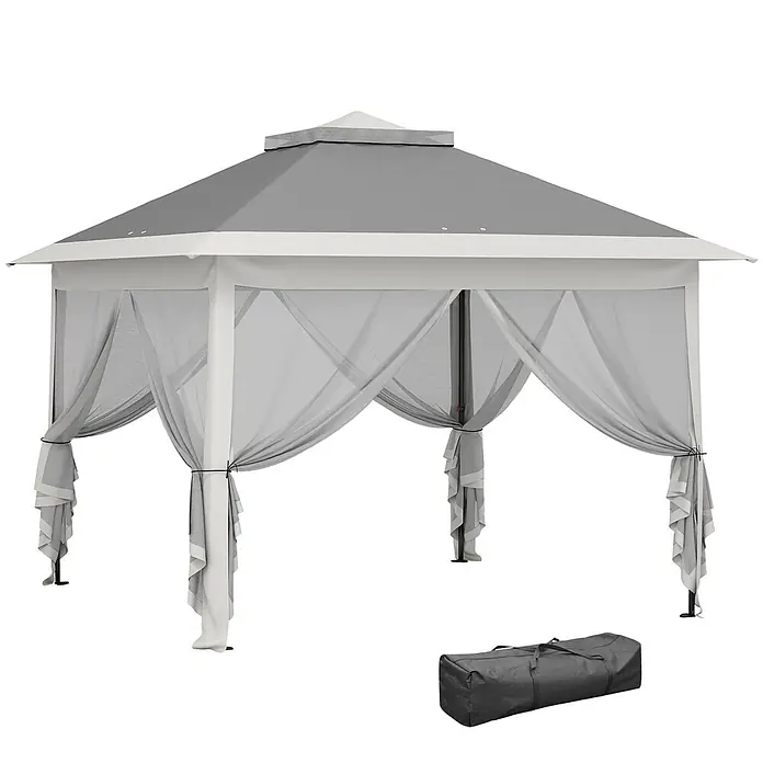 Outsunny Faltpavillon - Farbe Dach: Dunkelgrau - Tragbarer grau-weißer Pavillon mit durchsichtigen Seitenwänden und passender grauer Tragetasche.