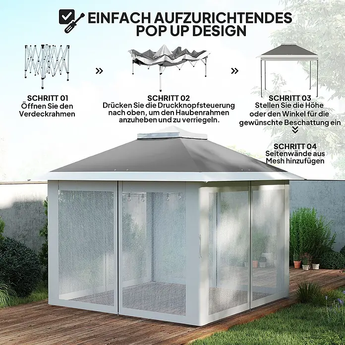 Outsunny Faltpavillon - Farbe Dach: Dunkelgrau - Ein Pop-Up-Pavillon mit grauem Dach, weißem Rahmen und Netzseitenwänden, auf einer Holzterrasse in einem Garten aufgebaut.