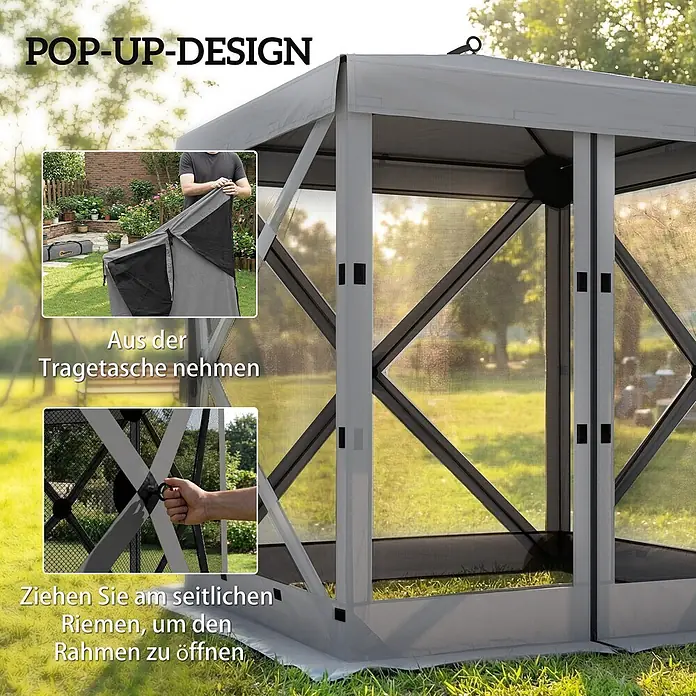 Outsunny Faltpavillon - Farbe Dach: Dunkelgrau - Graues Pop-up-Pavillon wird im Garten aufgebaut. Es wird aus einer Tragetasche genommen und der Rahmen durch Ziehen eines Riemens geöffnet.
