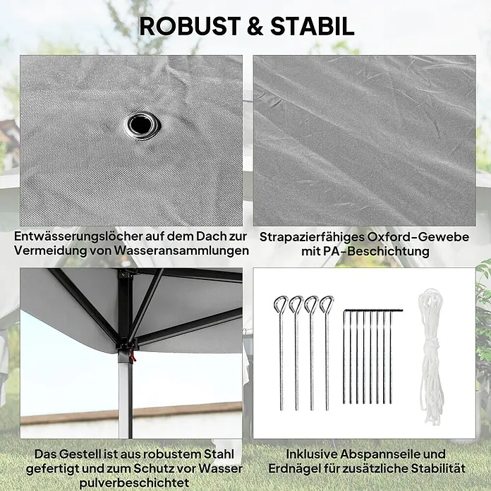 Outsunny Faltpavillon - Farbe Dach: Dunkelgrau - Details eines grauen Pavillons/Zeltes: Entwässerungslöcher, strapazierfähiges Oxford-Gewebe mit PA-Beschichtung, robuster pulverbeschichteter Stahlrahmen und Zubehör für Stabilität.
