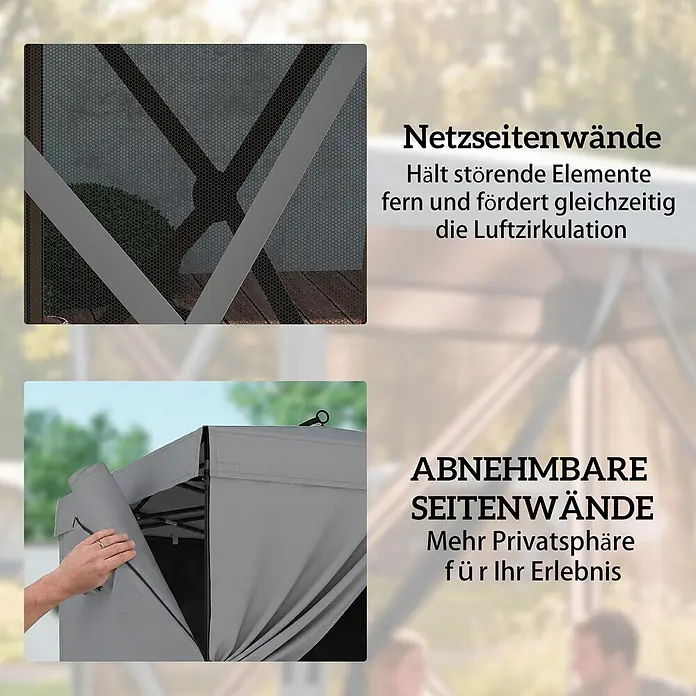Outsunny Faltpavillon - Farbe Dach: Dunkelgrau - Nahaufnahme eines Pavillons mit atmungsaktiven Netz- und abnehmbaren grauen Seitenwänden.