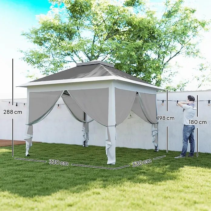 Outsunny Faltpavillon - Farbe Dach: Dunkelgrau - Weiß-grauer Gartenpavillon mit Vorhängen, Maße 288 cm Höhe und 330 cm Breite, mit 180 cm Person zur Größenreferenz.