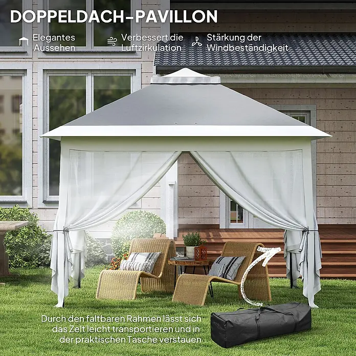 Outsunny Faltpavillon - Farbe Dach: Dunkelgrau - Grauer Doppeldach-Pavillon mit weißen Vorhängen im Garten, daneben eine schwarze Tragetasche, die seine Portabilität hervorhebt.