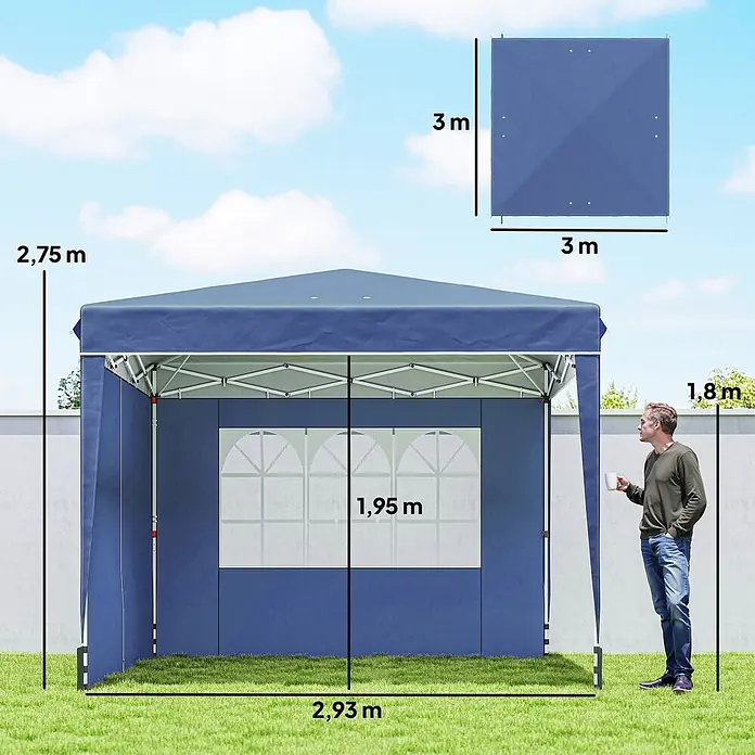 Outsunny Faltpavillon - Farbe Dach: Dunkelblau - Blaues Faltpavillon im Freien mit Person zum Größenvergleich. Maße: 2,75m Höhe, 2,93m Breite, 1,95m Fensterhöhe.