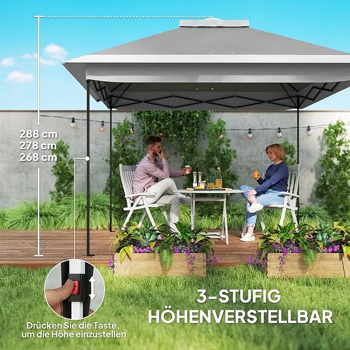 Outsunny Faltpavillon - Farbe Dach: Dunkelgrau - Grauer, 3-fach höhenverstellbarer Pavillon (288, 278, 268 cm) für den Außenbereich, mit Personen darunter.