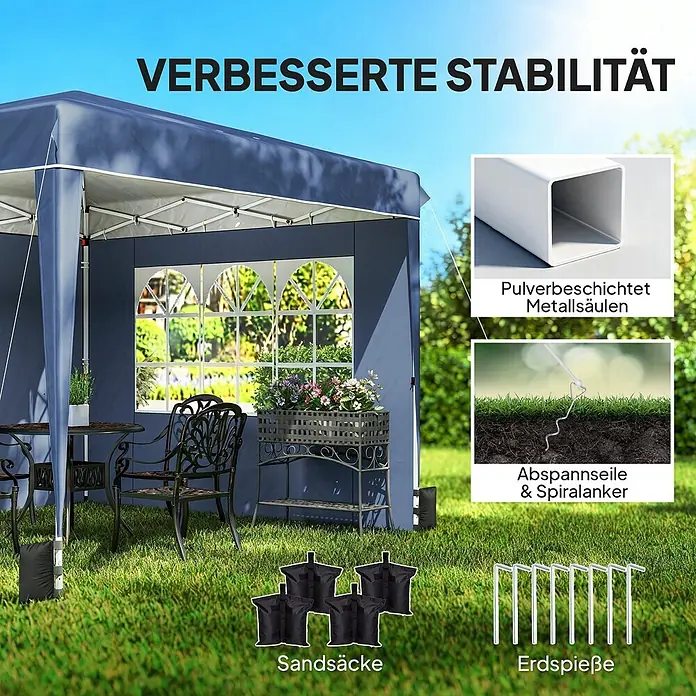 Outsunny Faltpavillon - Farbe Dach: Dunkelblau - Dunkelblauer Gartenpavillon auf Gras, mit pulverbeschichtetem Metallrahmen, Sandsäcken, Abspannseilen und Erdspießen für erhöhte Stabilität.