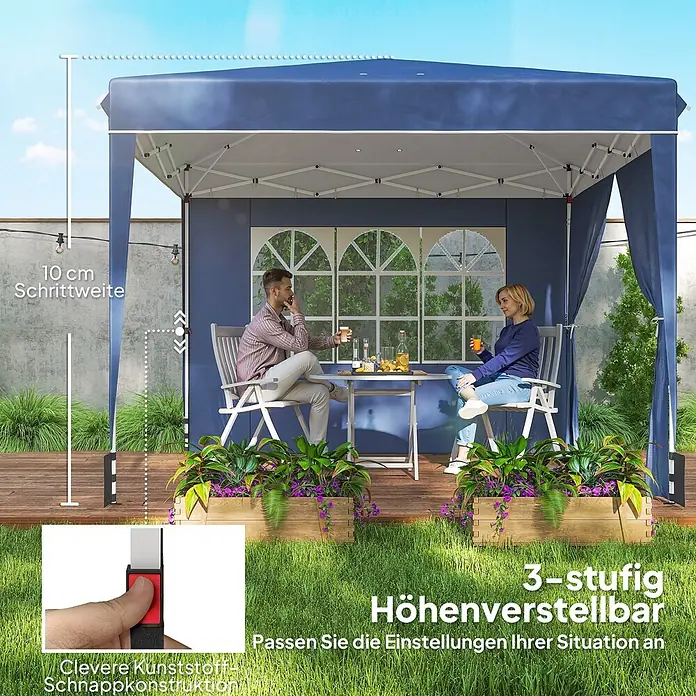 Outsunny Faltpavillon - Farbe Dach: Dunkelblau - Blaues Faltpavillon mit zwei Personen im Freien. Mit 3-stufiger Höhenverstellung, 10 cm Schrittweite und cleverer Schnappkonstruktion.
