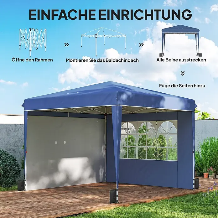 Outsunny Faltpavillon - Farbe Dach: Dunkelblau - Blauer Faltpavillon mit Seitenwänden, auf Holzterrasse im Garten aufgebaut. Obere Illustrationen zeigen den Aufbau.