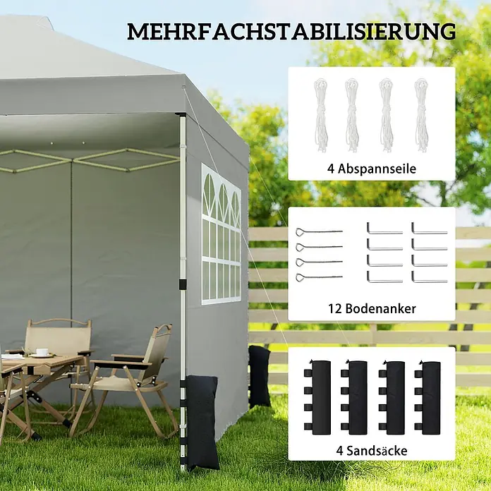 Outsunny Faltpavillon - Farbe Dach: Hellgrau - Graues Pavillonzelt mit mehrfacher Stabilisierung: Abspannseile, Bodenanker und Sandsäcke, im Freien aufgestellt.