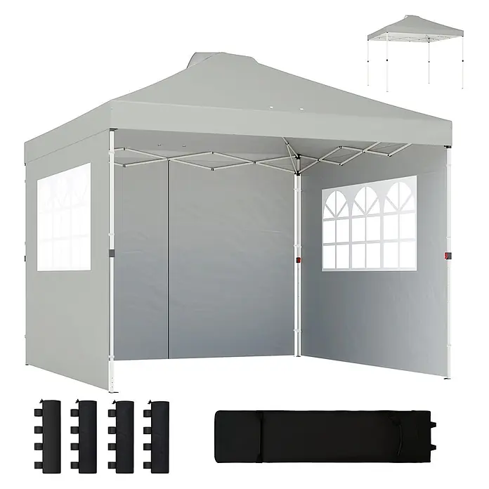 Outsunny Faltpavillon - Farbe Dach: Hellgrau - Grauer Faltpavillon mit Seitenwänden, zwei davon mit Fenstern. Enthält vier schwarze Sandsäcke und eine schwarze Tragetasche.