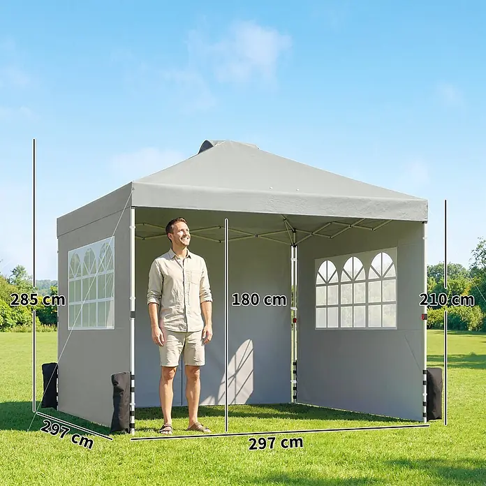 Outsunny Faltpavillon - Farbe Dach: Hellgrau - Graues Pop-Up-Pavillon, 297x297cm Grundfläche, 285cm Spitzenhöhe, 180cm Innenhöhe.
