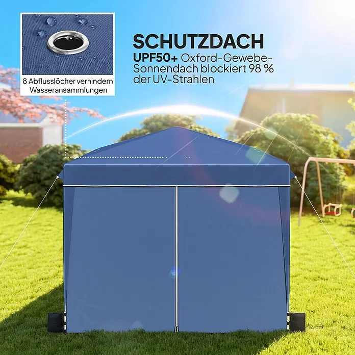 Outsunny Faltpavillon - Farbe Dach: Dunkelblau - Blauer Outdoor-Pavillon aus Oxford-Gewebe mit Wasserabflusslöchern und UPF50+ UV-Schutz, auf einer Wiese aufgestellt.