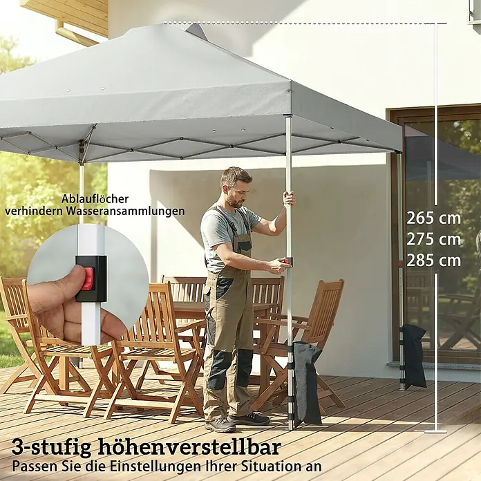 Outsunny Faltpavillon - Farbe Dach: Hellgrau - Ein hellgrauer Faltpavillon wird auf einer Holzterrasse aufgebaut. Er ist 3-stufig höhenverstellbar und hat Ablauflöcher.