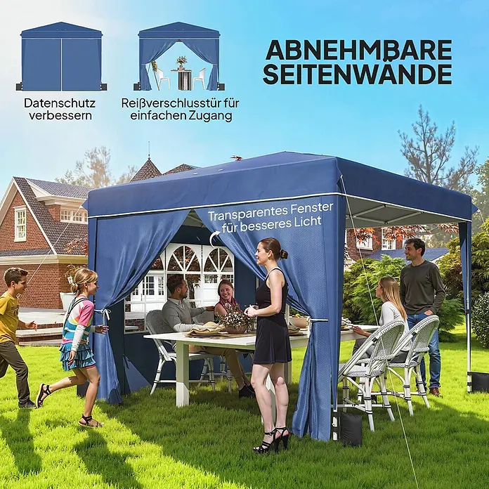 Outsunny Faltpavillon - Farbe Dach: Dunkelblau - Blauer Pavillon mit abnehmbaren Seitenwänden, Reißverschlusstür und transparenten Fenstern, im Garten für geselliges Beisammensein genutzt.