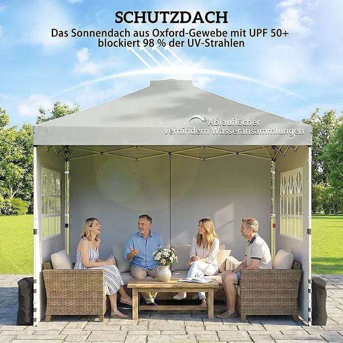 Outsunny Faltpavillon - Farbe Dach: Hellgrau - Graues Outdoor-Pavillon mit Oxford-Dach bietet UV-Schutz. Personen entspannen sich darin auf Gartenmöbeln.