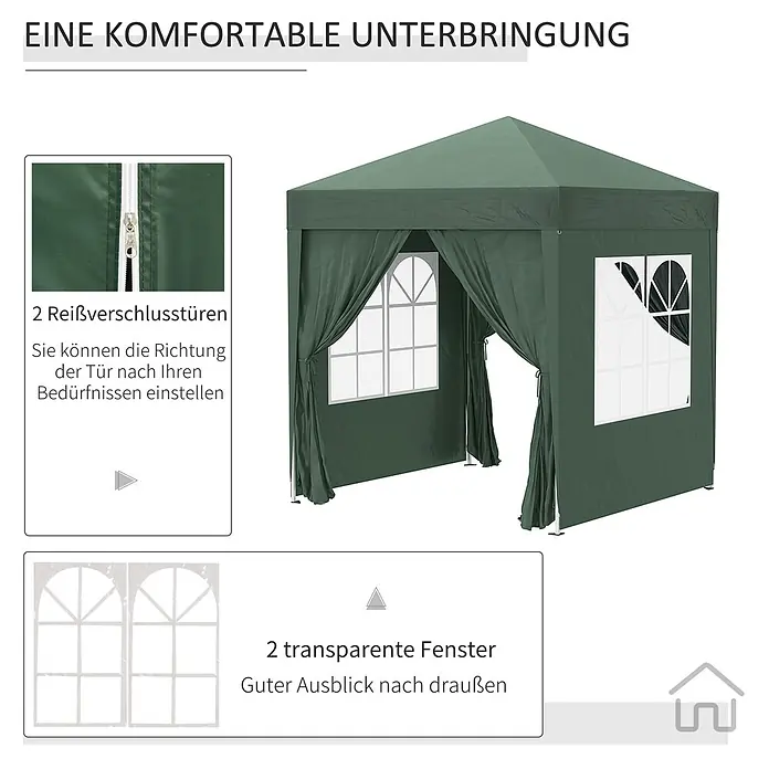 Outsunny Faltpavillon - B x T: 2 m x 200 cm, Farbe Dach: Grün - Grünes Partyzelt mit zwei Reißverschlusstüren und zwei transparenten Fenstern, bietet flexiblen Zugang und gute Sicht.