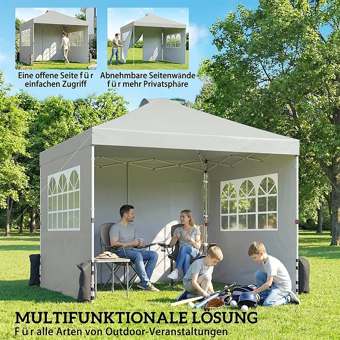 Outsunny Faltpavillon - Farbe Dach: Hellgrau - Graues Pop-Up-Pavillon mit abnehmbaren Seitenwänden, mit einer entspannten Familie und spielenden Kindern.