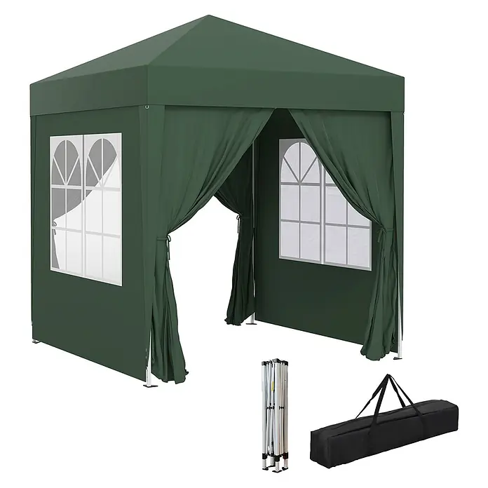 Outsunny Faltpavillon - B x T: 2 m x 200 cm, Farbe Dach: Grün - Grüner Faltpavillon mit Fenstern und geöffnetem Eingang, inkl. zusammengeklapptem Gestell und Tragetasche.