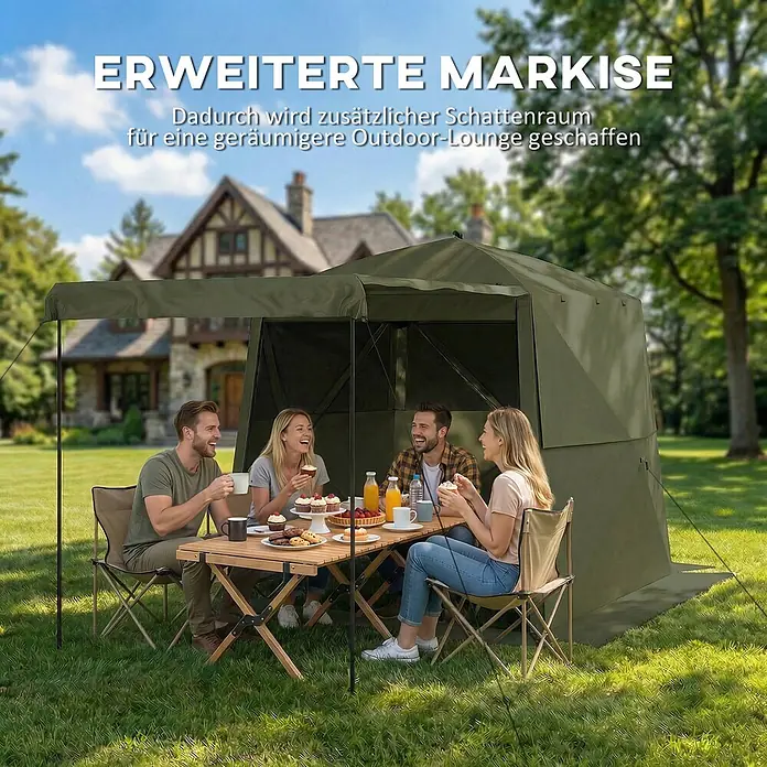 Outsunny Faltpavillon - B x T: 198 x 198 cm, Farbe Dach: Grün - Grüne erweiterte Markise schafft zusätzlichen Schattenraum für eine geräumigere Outdoor-Lounge.