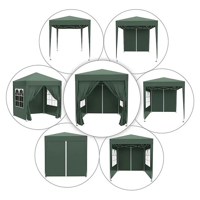 Outsunny Faltpavillon - B x T: 2 m x 200 cm, Farbe Dach: Grün - Grüner Faltpavillon in mehreren Konfigurationen mit und ohne Seitenwänden, teils mit Fenstern oder Vorhängen.