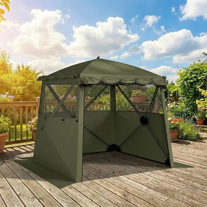 Outsunny Faltpavillon - B x T: 198 x 198 cm, Farbe Dach: Grün - Grüner Pop-Up-Pavillon mit Netzfenstern auf einer Holzterrasse.