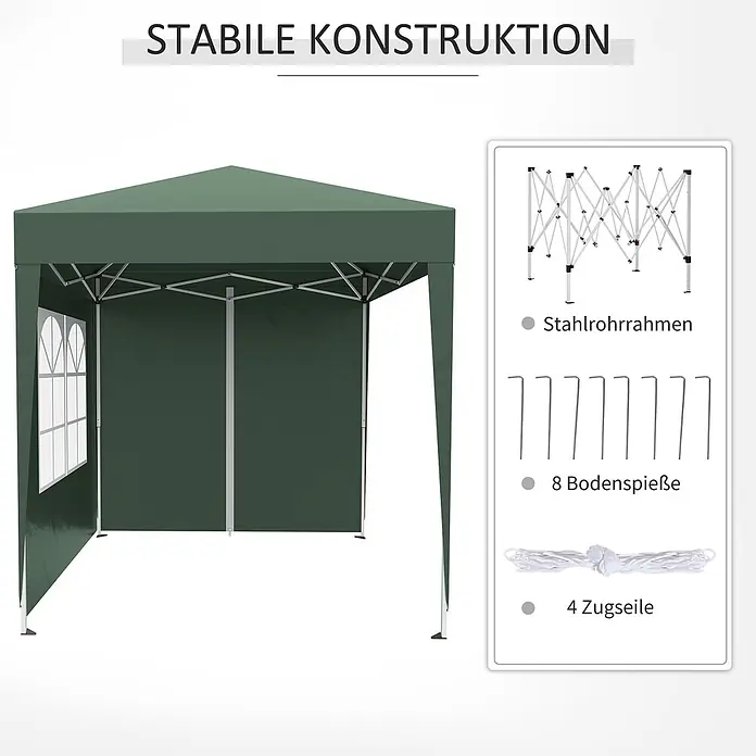 Outsunny Faltpavillon - B x T: 2 m x 200 cm, Farbe Dach: Grün - Grünes Pop-up-Pavillon mit Seitenwänden und Bogenfenstern, gezeigt mit Stahlrahmen, 8 Erdspießen und 4 Zugseilen für stabile Konstruktion.
