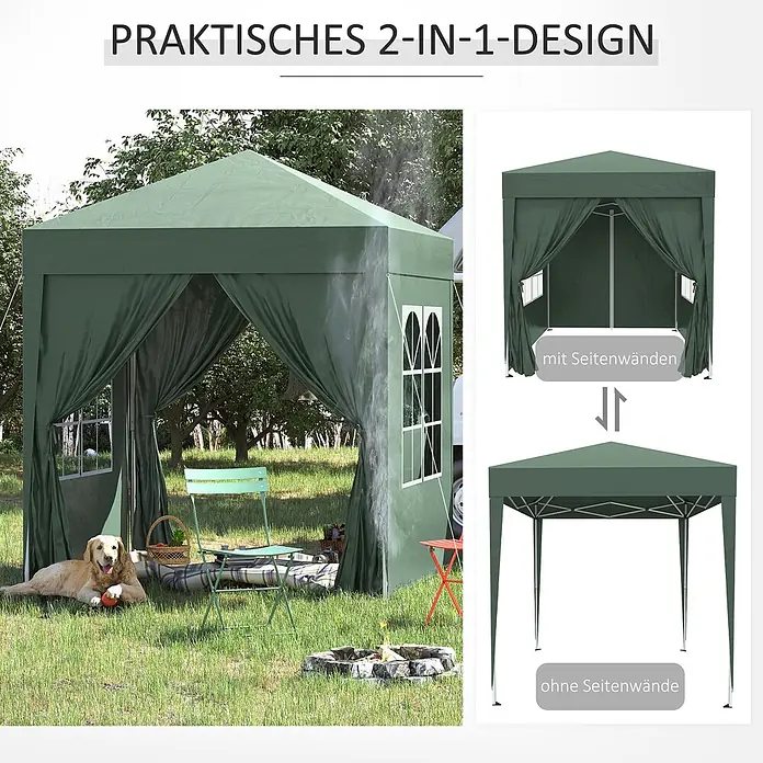 Outsunny Faltpavillon - B x T: 2 m x 200 cm, Farbe Dach: Grün - Grüner Pavillon mit praktischem 2-in-1-Design, gezeigt mit und ohne abnehmbare Seitenwände für vielseitigen Außeneinsatz.