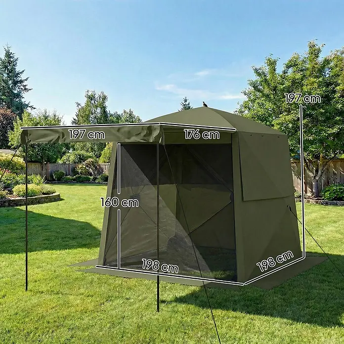 Outsunny Faltpavillon - B x T: 198 x 198 cm, Farbe Dach: Grün - Olivgrüner Outdoor-Pavillon mit Netzseiten und Vordach in einem sonnigen Garten, Maße angezeigt.