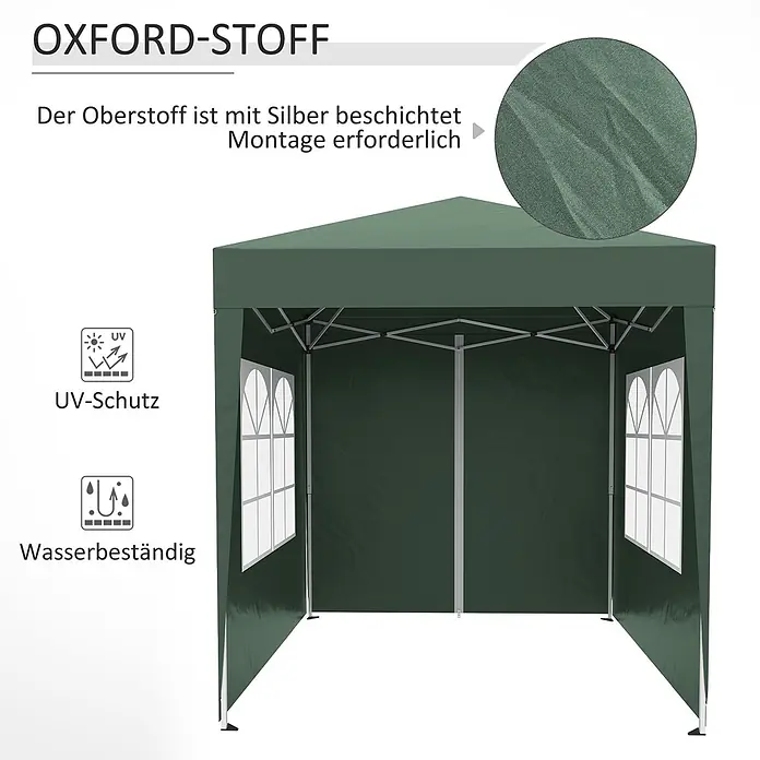 Outsunny Faltpavillon - B x T: 2 m x 200 cm, Farbe Dach: Grün - Dunkelgrüner Pavillon aus Oxford-Stoff mit UV-Schutz und wasserabweisenden Eigenschaften. Die Oberseite ist silberbeschichtet.