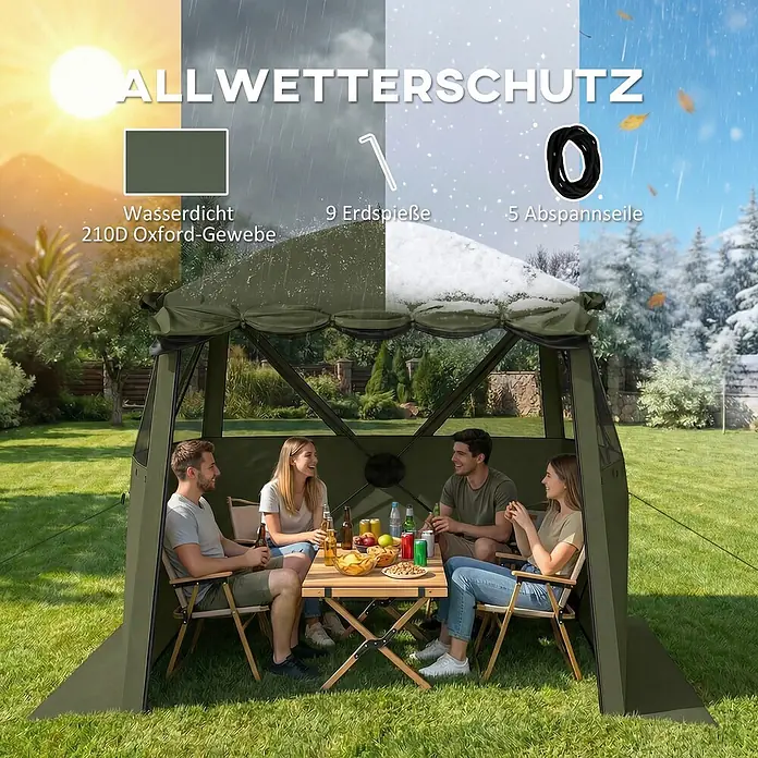 Outsunny Faltpavillon - B x T: 198 x 198 cm, Farbe Dach: Grün - Dunkelgrüner, wasserdichter Allwetter-Pavillon aus 210D Oxford-Gewebe, mit vier Personen im Inneren entspannend.
