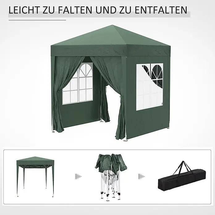 Outsunny Faltpavillon - B x T: 2 m x 200 cm, Farbe Dach: Grün - Grüner Pop-up-Pavillon mit Seitenwänden und Fenstern, der einfach zusammengefaltet und in einer schwarzen Tragetasche verstaut wird.
