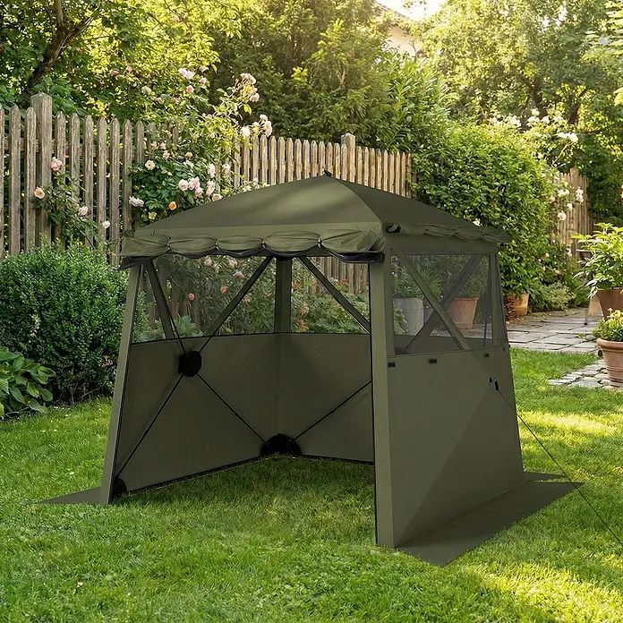 Outsunny Faltpavillon - B x T: 198 x 198 cm, Farbe Dach: Grün - Dunkelgrüner sechseckiger Pop-up-Pavillon mit Netzfenstern im Garten auf Gras aufgebaut.