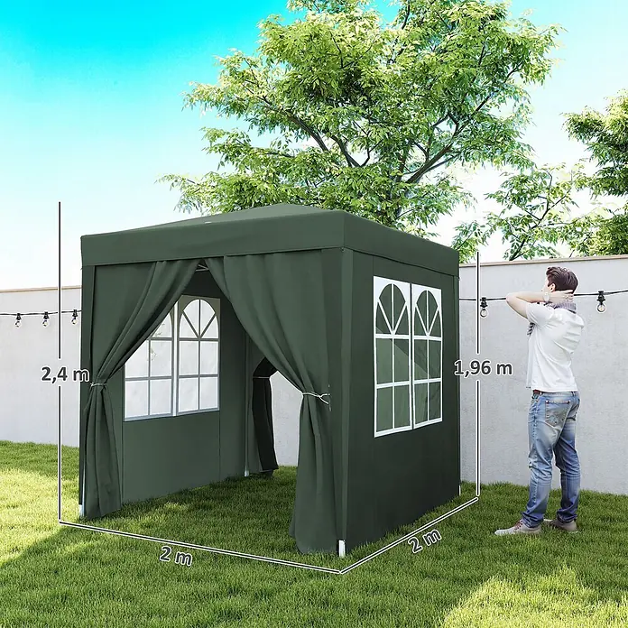 Outsunny Faltpavillon - B x T: 2 m x 200 cm, Farbe Dach: Grün - Dunkelgrüner Gartenpavillon, 2x2m, mit Fenstern und gerafften Vorhängen, draußen mit Person als Größenvergleich.