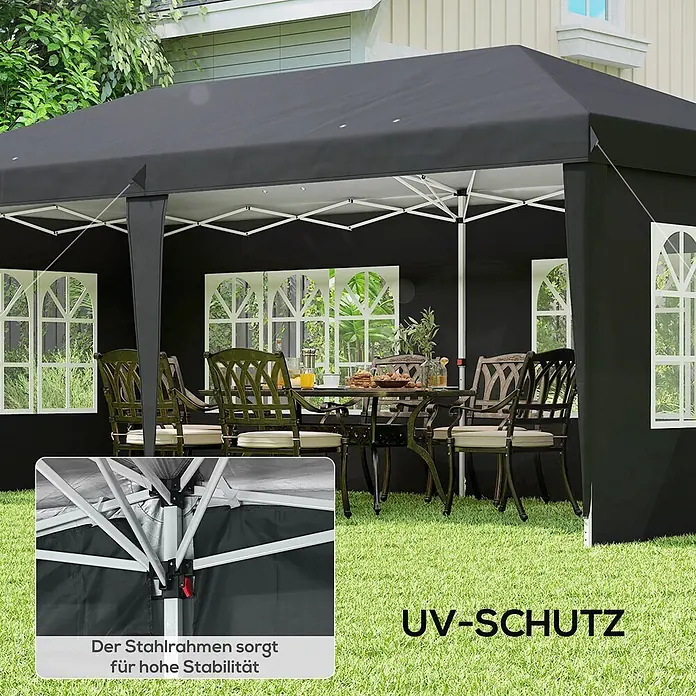 Outsunny Faltpavillon - Farbe Dach: Schwarz - Schwarzer Faltpavillon mit Stahlrahmen, im Garten aufgebaut mit Tisch und Stühlen.