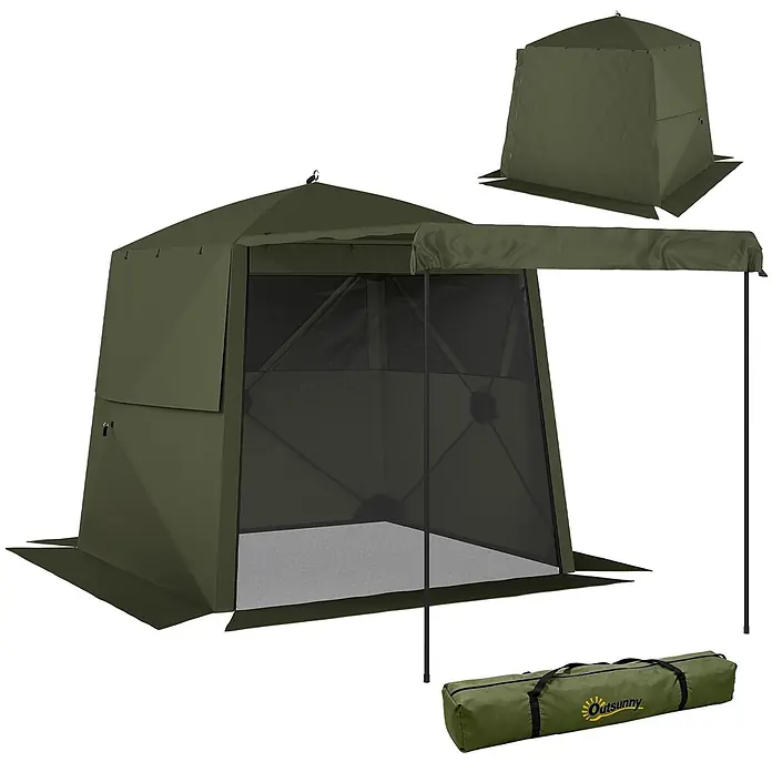 Outsunny Faltpavillon - B x T: 198 x 198 cm, Farbe Dach: Grün - Grünes tragbares Pop-up-Pavillon mit Netzseiten, ausziehbarem Vordach und Tragetasche.