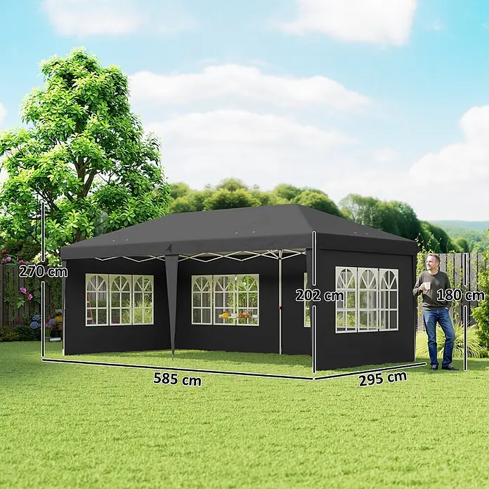 Outsunny Faltpavillon - Farbe Dach: Schwarz - Schwarzes Partyzelt mit weißen Fenstern im Freien, Maße (585x295x270 cm) und eine Person zur Größenangabe.