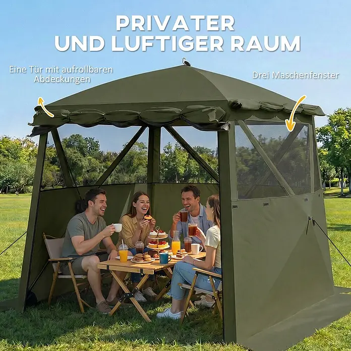 Outsunny Faltpavillon - B x T: 198 x 198 cm, Farbe Dach: Grün - Dunkelgrüner Outdoor-Pavillon mit Netzfenstern und aufrollbaren Abdeckungen, der einen privaten Treffpunkt bietet.